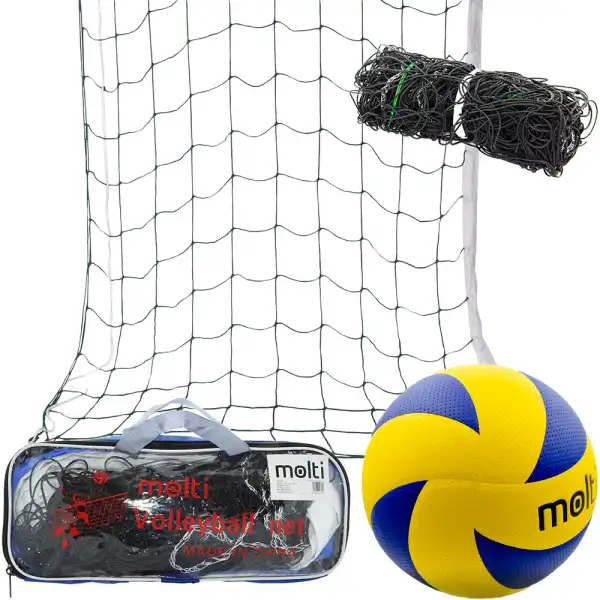 Zestaw do siatkówki Molti: siatka 12m i piłka rozmiar 5 - żółto-granatowy