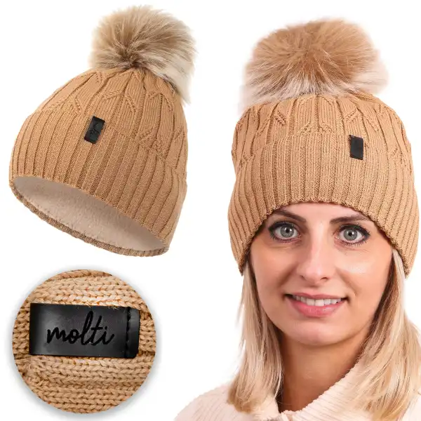 Czapka damska z wełny merino MOLTI z pomponem brązowa - Ciepła i stylowa