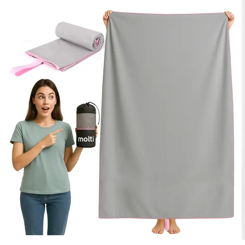Szybkoschnący Ręcznik MOLTI Szaro-Różowy 200x180cm | Mikrofibra