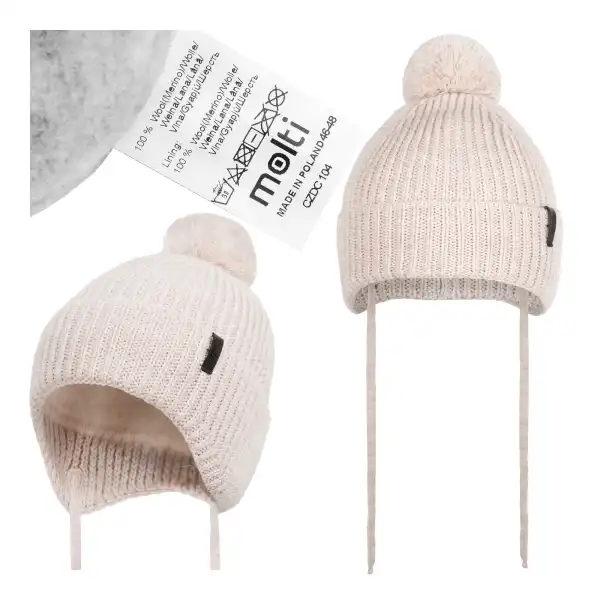 Czapka dziecięca MOLTI beżowa wełna merino z pomponem 46-48cm