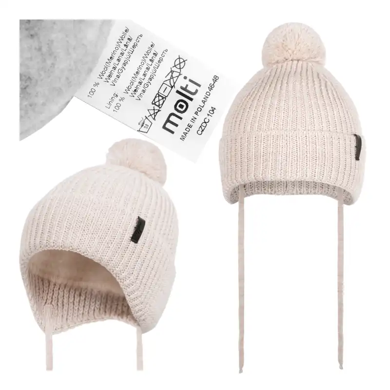 Czapka dziecięca MOLTI beżowa wełna merino z pomponem 46-48cm