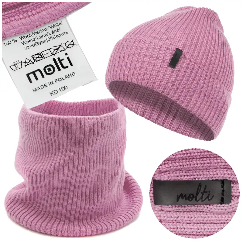 Damski komplet z wełny merino MOLTI – czapka i komin ciemny róż