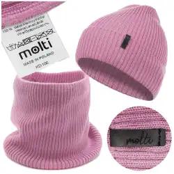 Damski komplet z wełny merino MOLTI – czapka i komin ciemny róż