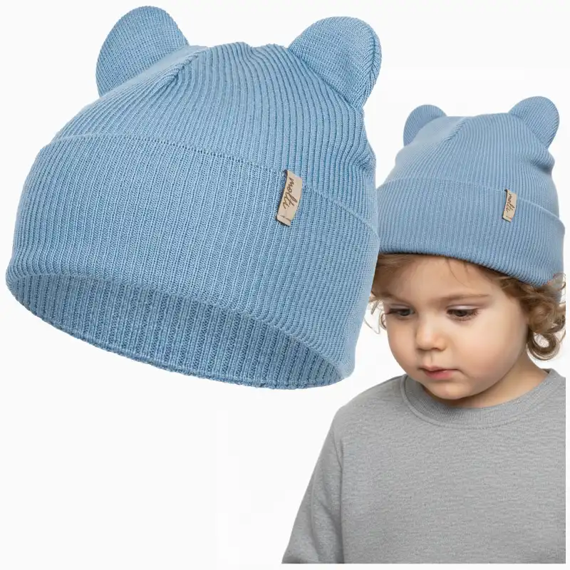Czapka dziecięca Molti z uszkami - 100% Wełna Merino - Błękitna 46-48
