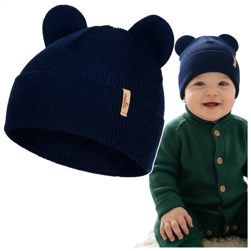 Czapka dziecięca Molti Nomi 42-44 z uszkami - 100% Wełna Merino