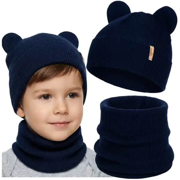 Granatowy komplet dziecięcy Molti Nomi: Czapka z uszkami i komin Merino