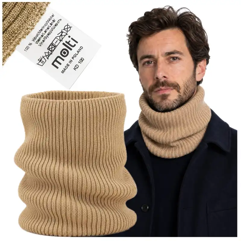 Komin Zimowy z Wełny Merino MOLTI K100 Camel - Ciepły i Stylowy