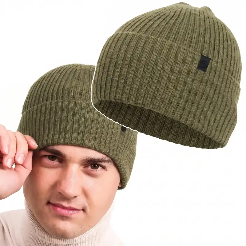 Czapka męska z wełny merino Molti khaki - ciepła i wygodna