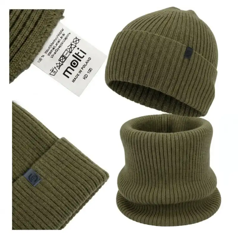 Męski komplet czapka i komin z wełny merino Molti Khaki