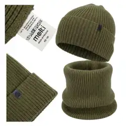 Męski komplet czapka i komin z wełny merino Molti Khaki